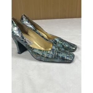 Bellini Shoes Womens Size 9 Blue Croc Embossed Block Heel Square Toe Pumps